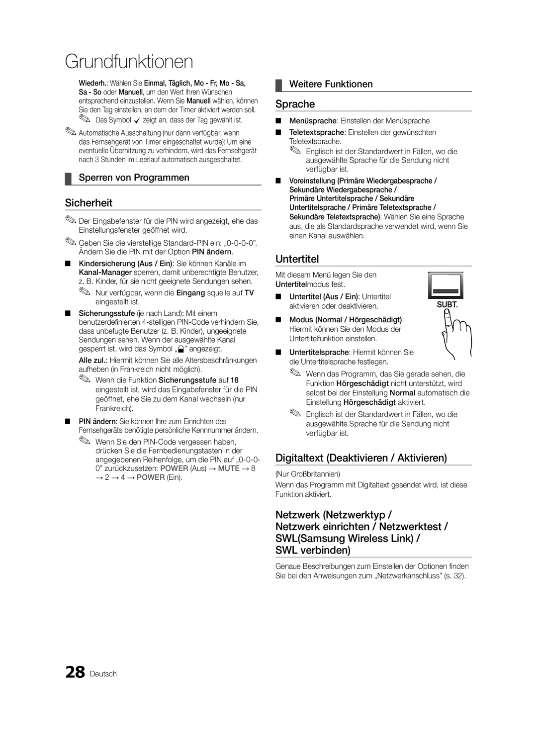 Samsung UE40C9000ZWXXH Sicherheit, Sprache, Untertitel, Digitaltext Deaktivieren / Aktivieren, Sperren von Programmen 