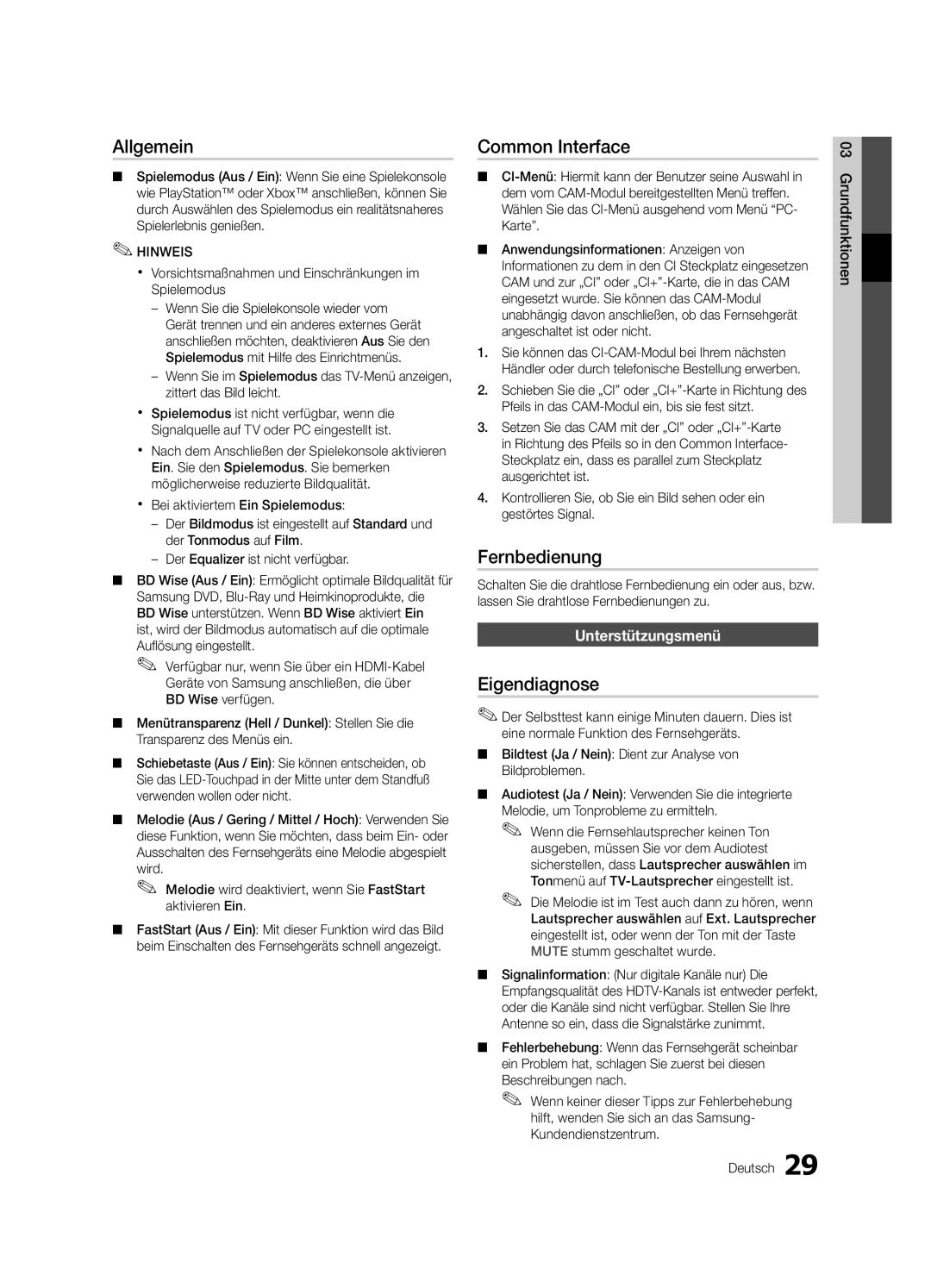 Samsung UE40C9000ZWXXH manual Allgemein, Fernbedienung, Eigendiagnose, Unterstützungsmenü 