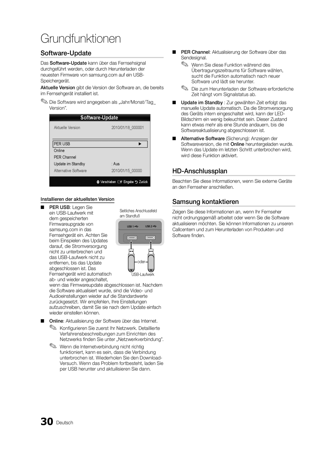 Samsung UE40C9000ZWXXH manual Software-Update, HD-Anschlussplan, Samsung kontaktieren, Installieren der aktuellsten Version 