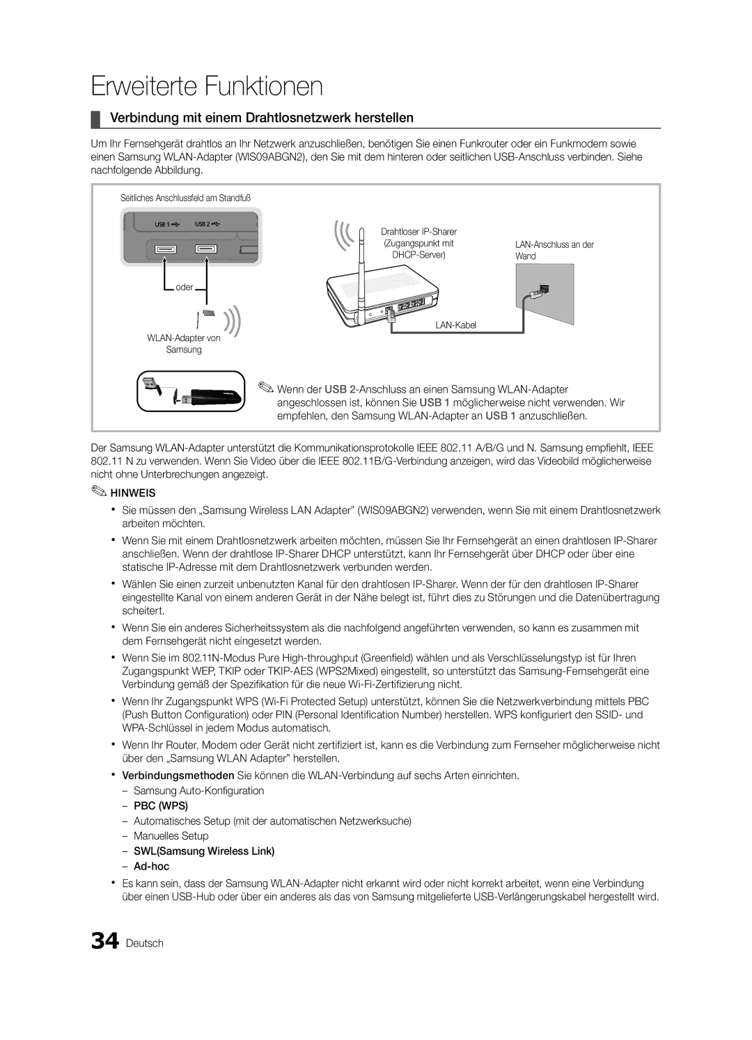 Samsung UE40C9000ZWXXH manual Verbindung mit einem Drahtlosnetzwerk herstellen, Seitliches Anschlussfeld am Standfuß, Wand 