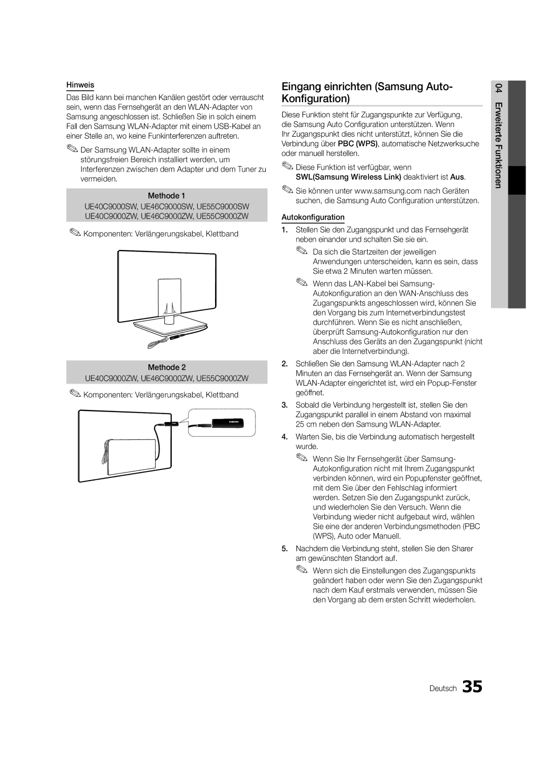 Samsung UE40C9000ZWXXH manual Eingang einrichten Samsung Auto- Konfiguration, Anwendungen unterscheiden, kann es sein, dass 