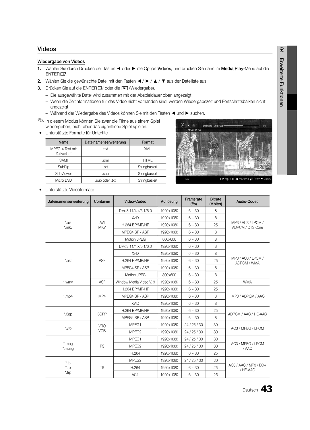 Samsung UE40C9000ZWXXH manual Wiedergabe von Videos, Yy Unterstützte Videoformate, Name Dateinamenserweiterung Format 