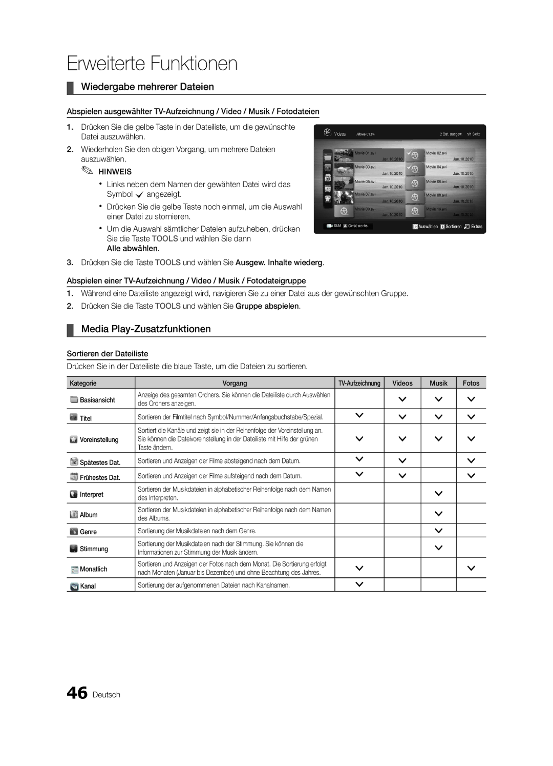 Samsung UE40C9000ZWXXH manual Wiedergabe mehrerer Dateien, Media Play-Zusatzfunktionen 