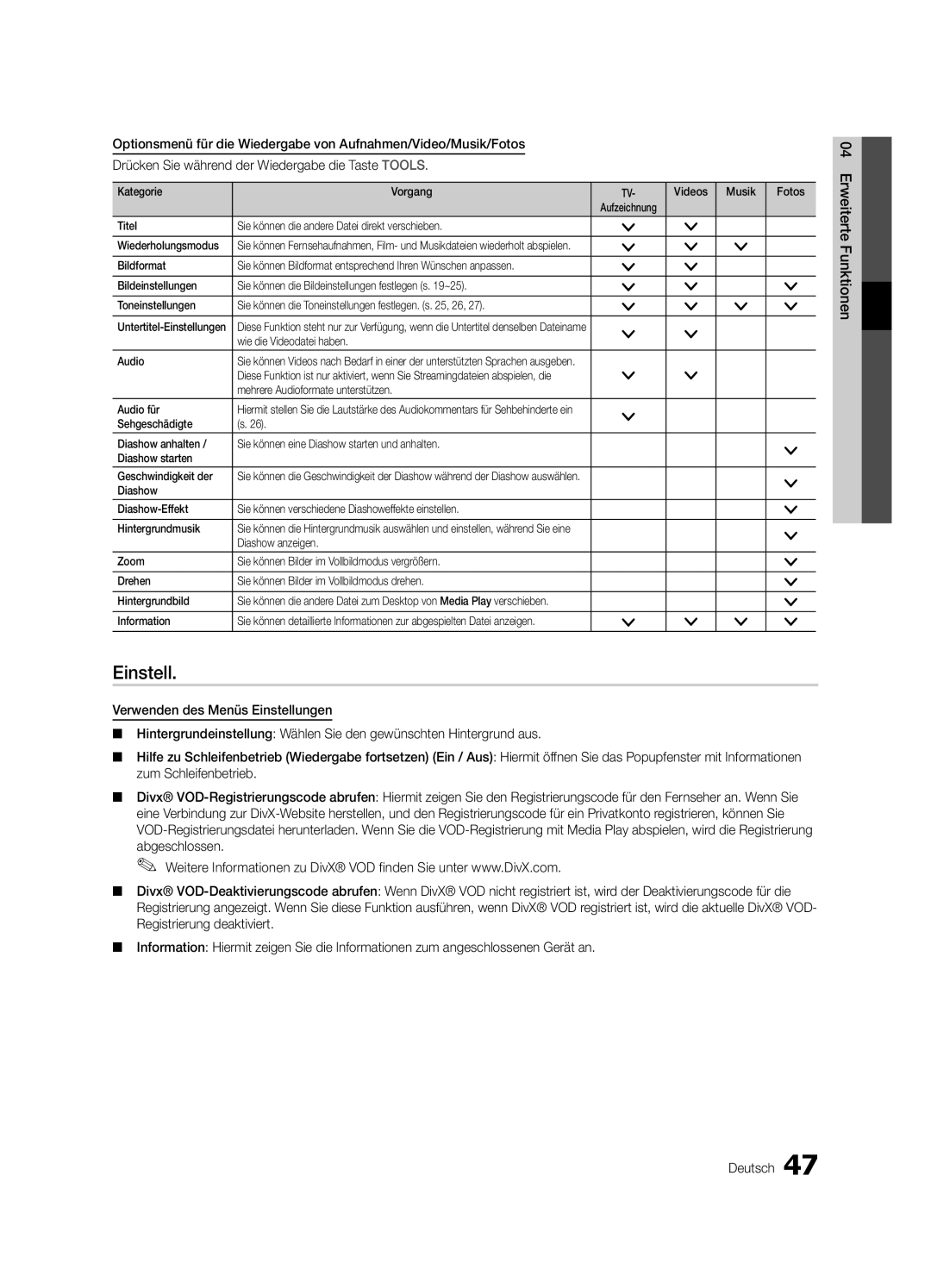 Samsung UE40C9000ZWXXH manual Einstell, Kategorie Vorgang Videos Musik Fotos, Wie die Videodatei haben Audio 