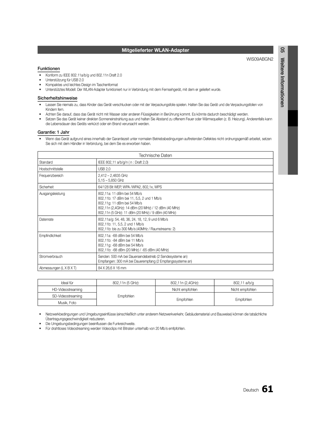 Samsung UE40C9000ZWXXH Mitgelieferter WLAN-Adapter, Funktionen, Sicherheitshinweise, Garantie 1 Jahr, Technische Daten 