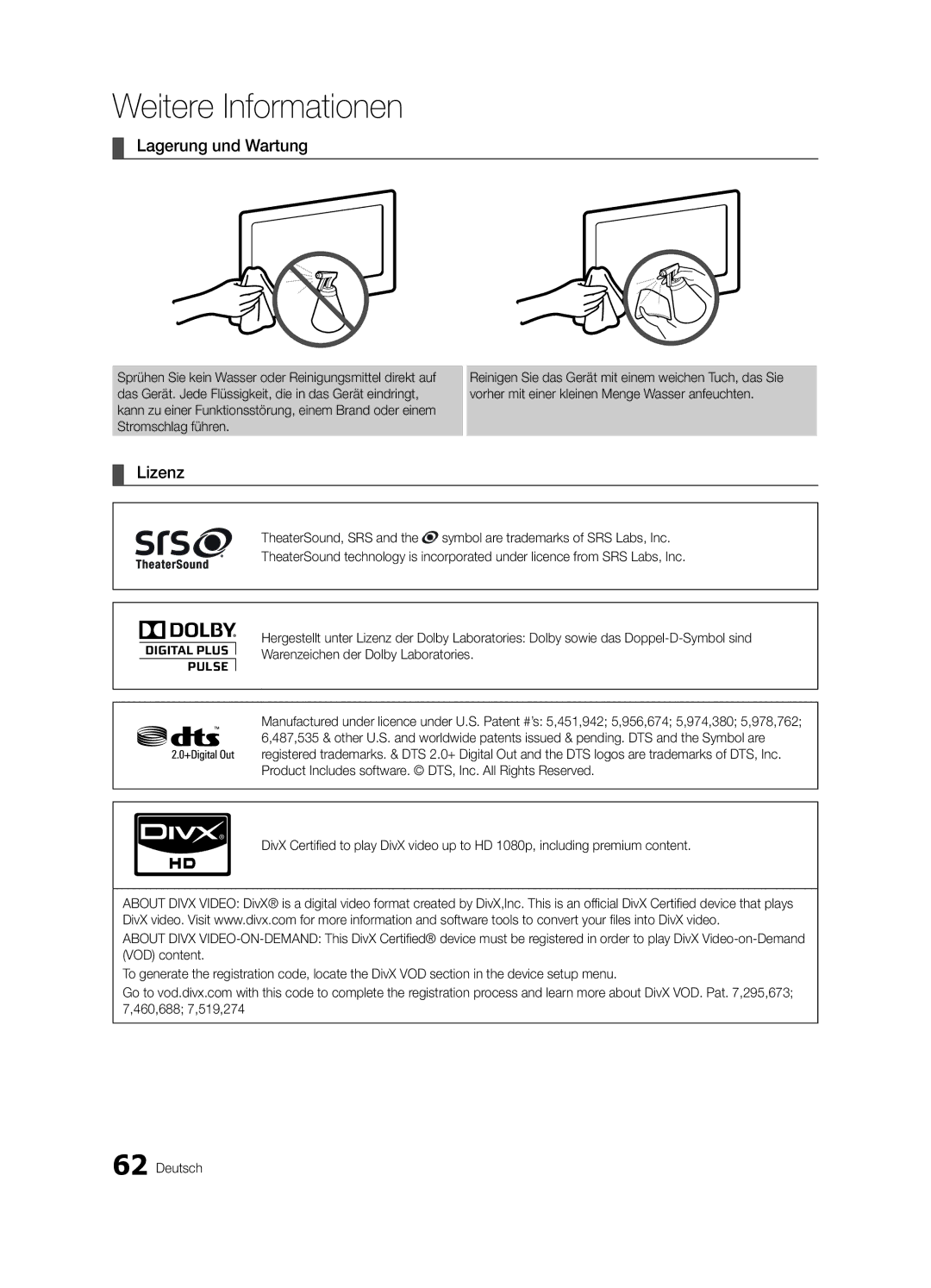 Samsung UE40C9000ZWXXH manual Lagerung und Wartung, Lizenz 