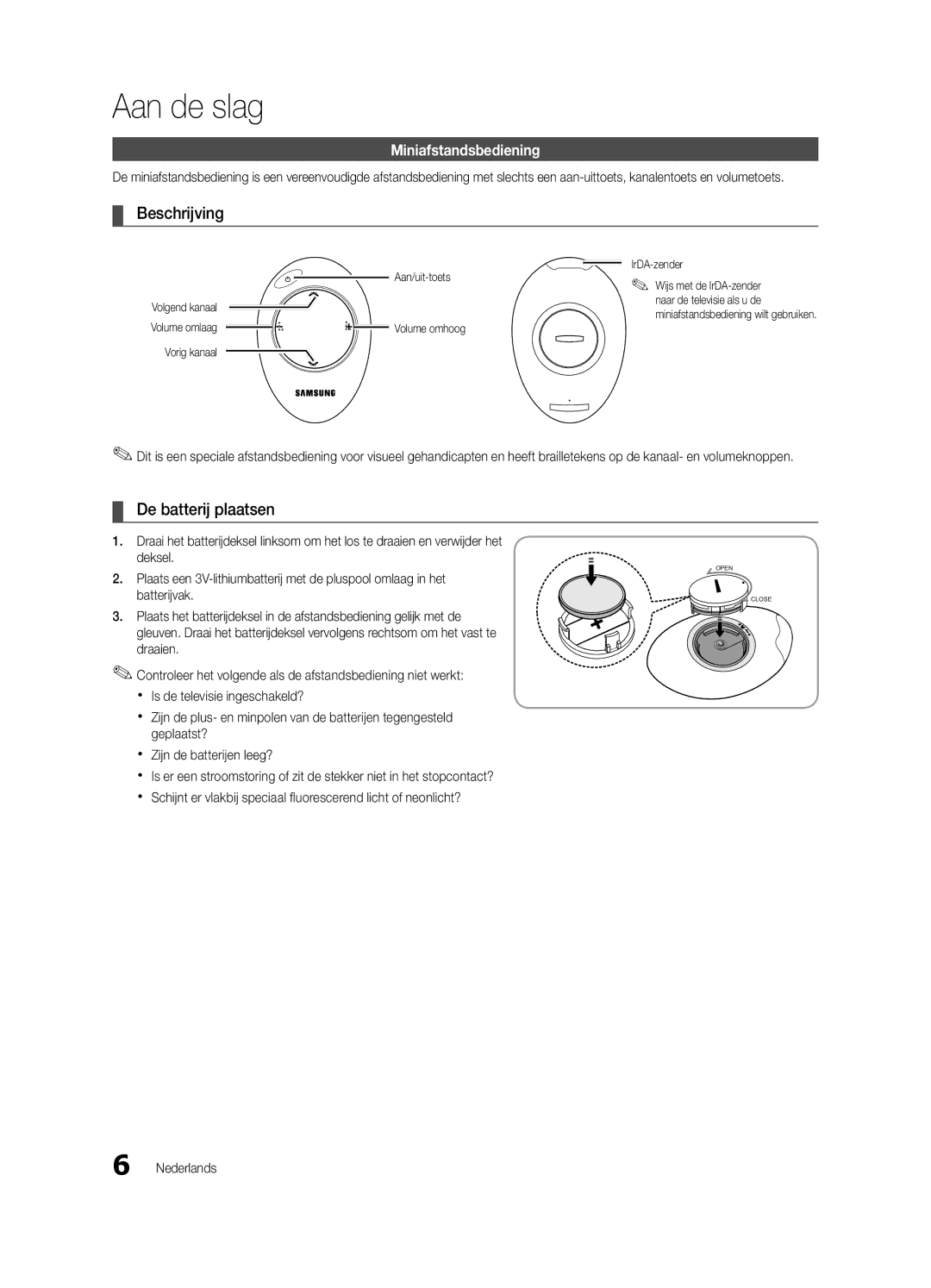 Samsung UE40C9000ZWXXH Beschrijving, De batterij plaatsen, Miniafstandsbediening, Aan/uit-toets, Vorig kanaal IrDA-zender 