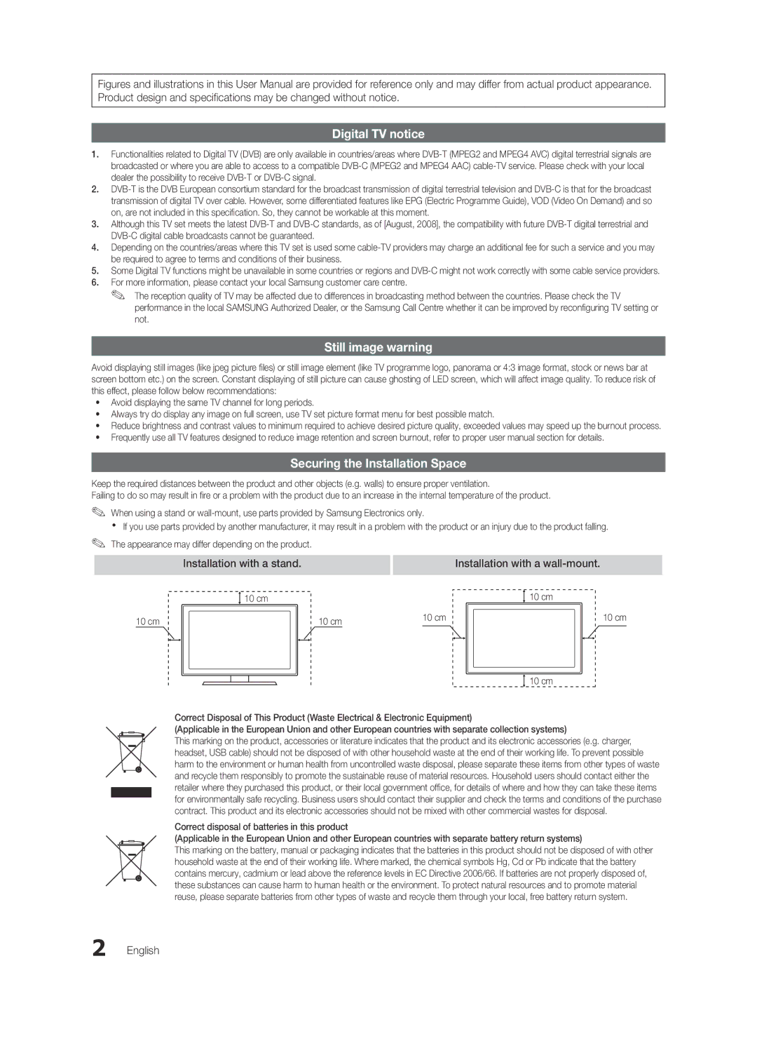 Samsung UE40C9000ZWXXH manual Installation with a wall-mount, English, 10 cm 