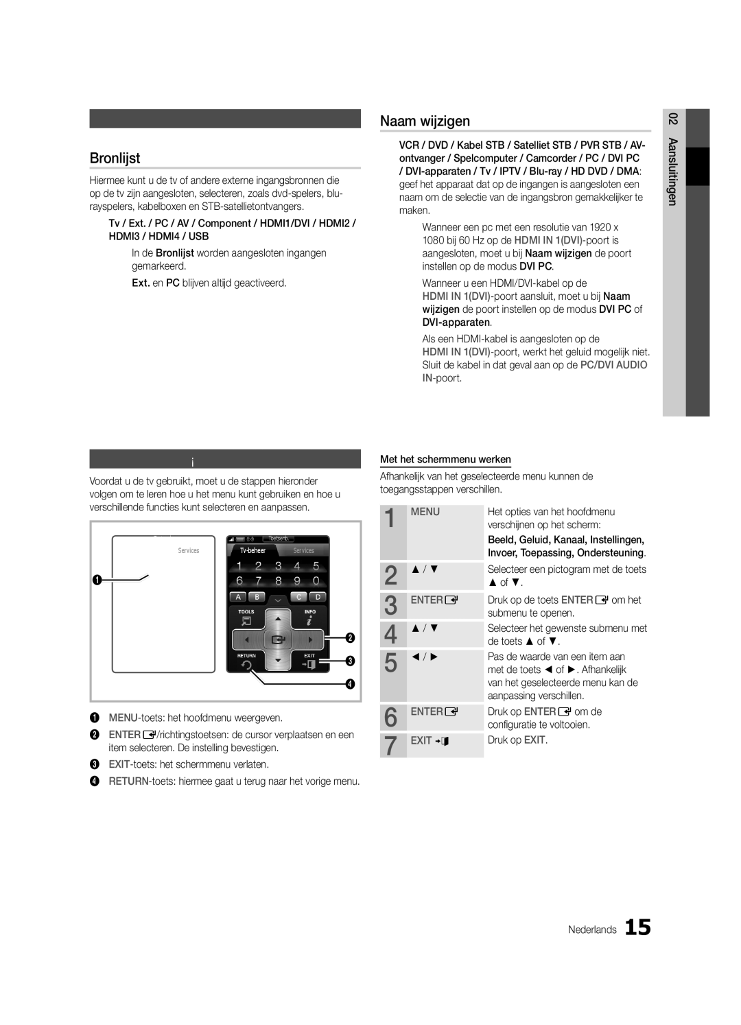 Samsung UE40C9000ZWXXH manual Basisfuncties, Bronlijst, Naam wijzigen, De ingangsbron wijzigen, De menus gebruiken 