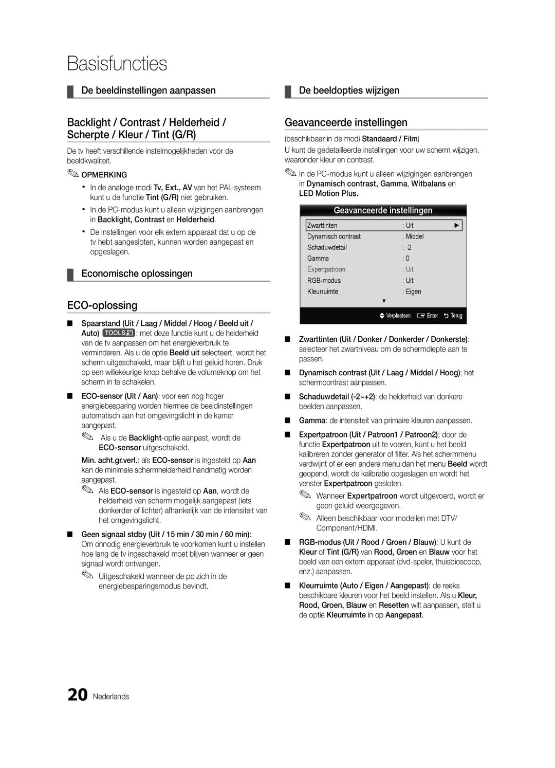 Samsung UE40C9000ZWXXH manual ECO-oplossing, Geavanceerde instellingen, Economische oplossingen, Aangepast 