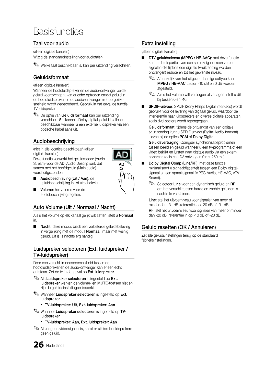 Samsung UE40C9000ZWXXH manual Taal voor audio, Geluidsformaat, Audiobeschrijving, Auto Volume Uit / Normaal / Nacht 