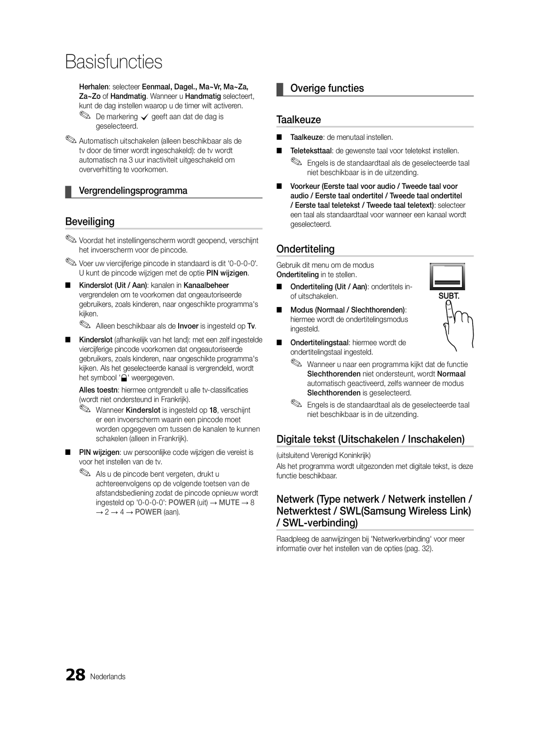 Samsung UE40C9000ZWXXH Beveiliging, Overige functies Taalkeuze, Ondertiteling, Digitale tekst Uitschakelen / Inschakelen 