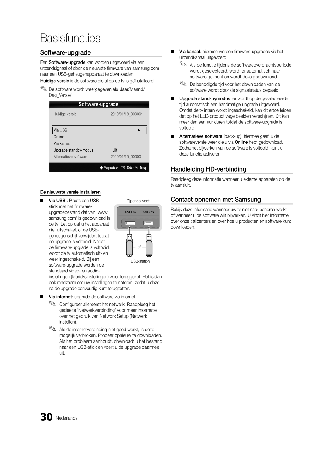 Samsung UE40C9000ZWXXH manual Software-upgrade, Handleiding HD-verbinding, Contact opnemen met Samsung 