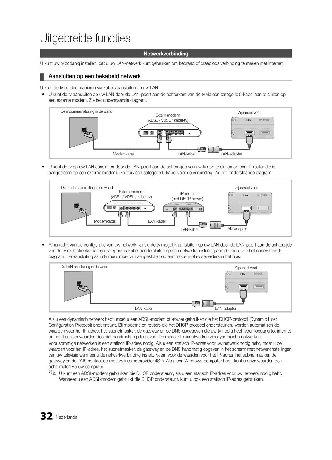 Samsung UE40C9000ZWXXH Aansluiten op een bekabeld netwerk, Netwerkverbinding, De modemaansluiting in de wand, IP-router 