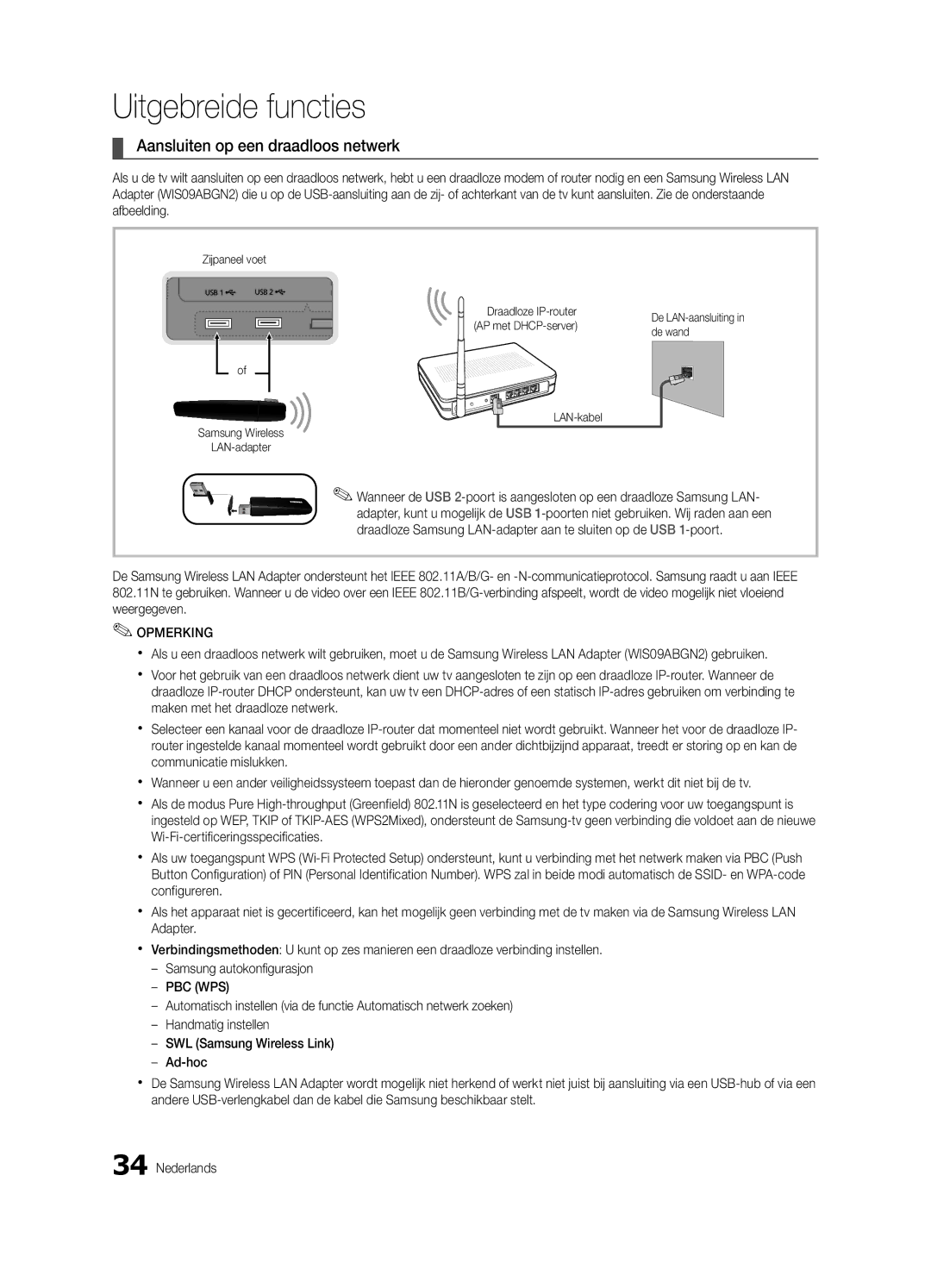 Samsung UE40C9000ZWXXH manual Aansluiten op een draadloos netwerk, Zijpaneel voet Draadloze IP-router, AP met DHCP-server 