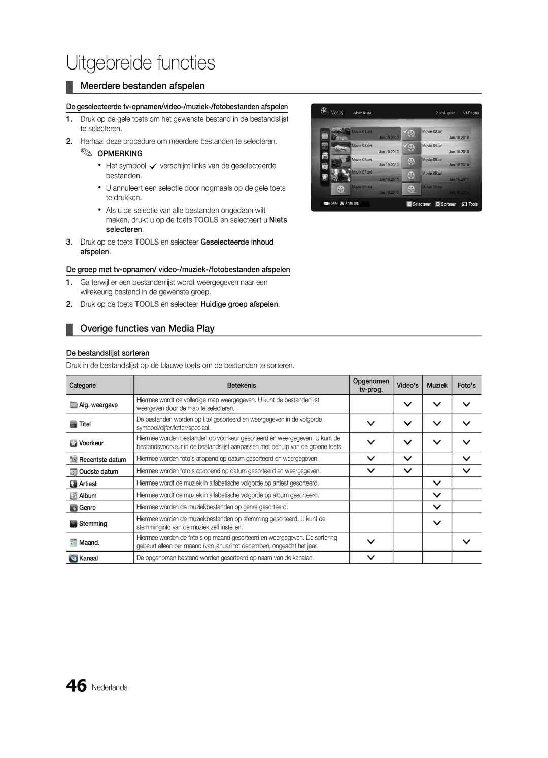 Samsung UE40C9000ZWXXH manual Meerdere bestanden afspelen, Overige functies van Media Play 