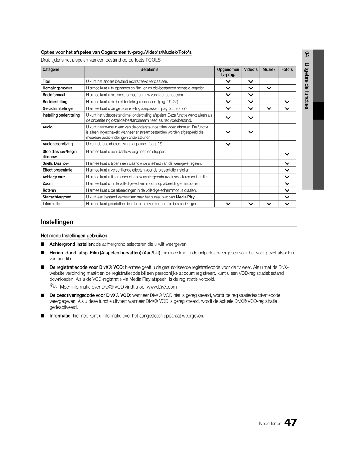 Samsung UE40C9000ZWXXH manual Instellingen 