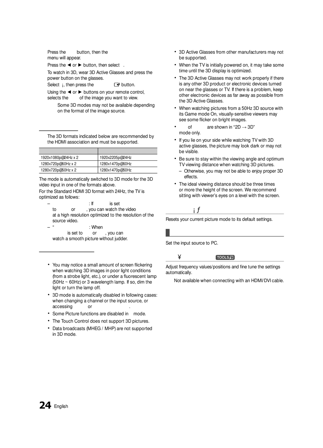 Samsung UE40C9000ZWXXH manual Picture Reset OK / Cancel, Auto Adjustment t, Setting up the TV with Your PC 