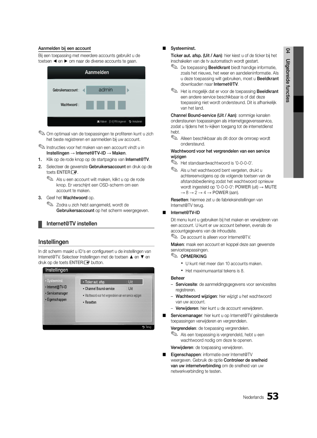 Samsung UE40C9000ZWXXH manual Internet@TV instellen, Aanmelden bij een account, Systeeminst 