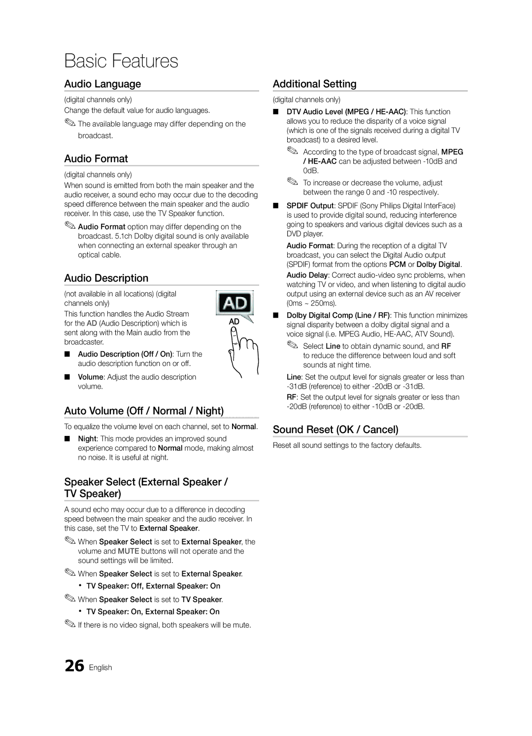 Samsung UE40C9000ZWXXH manual Audio Language, Audio Format, Audio Description, Auto Volume Off / Normal / Night 