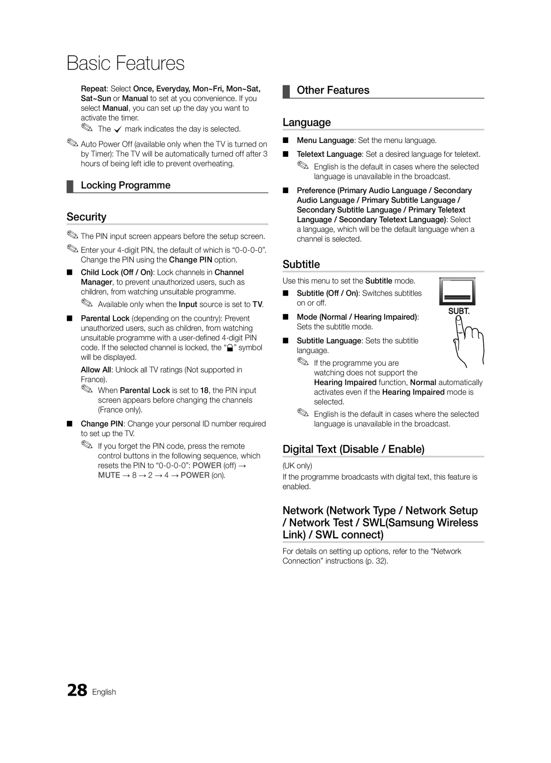 Samsung UE40C9000ZWXXH manual Security, Other Features Language, Subtitle, Digital Text Disable / Enable, Locking Programme 