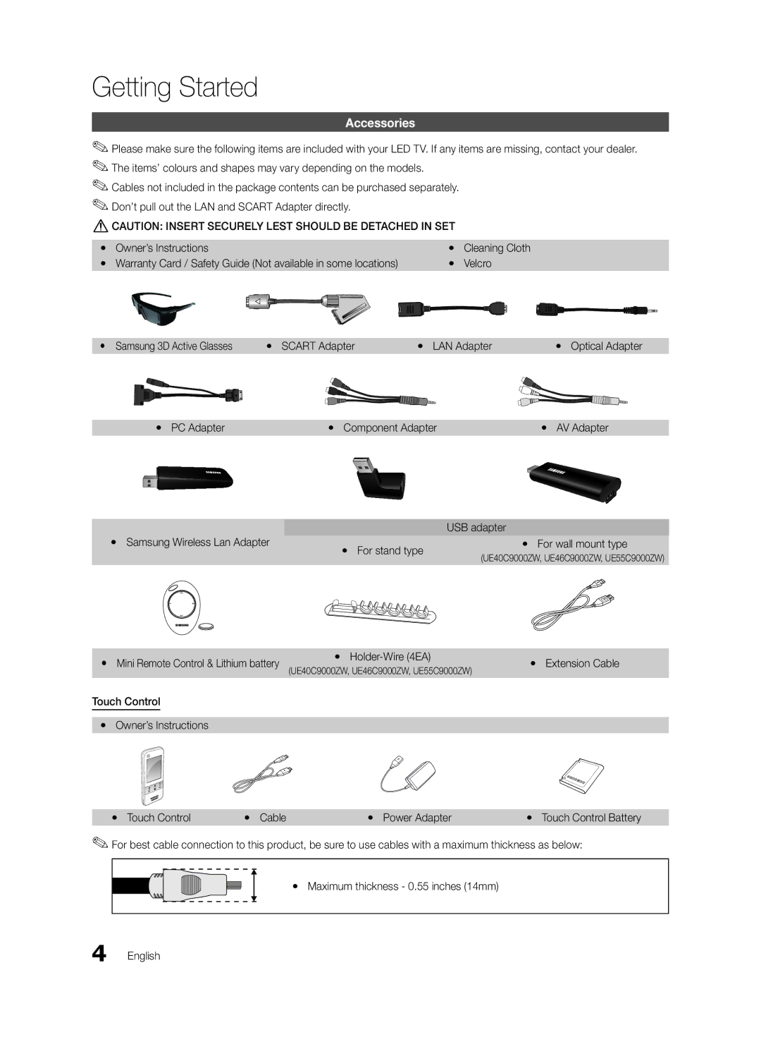 Samsung UE40C9000ZWXXH manual Getting Started, Accessories 