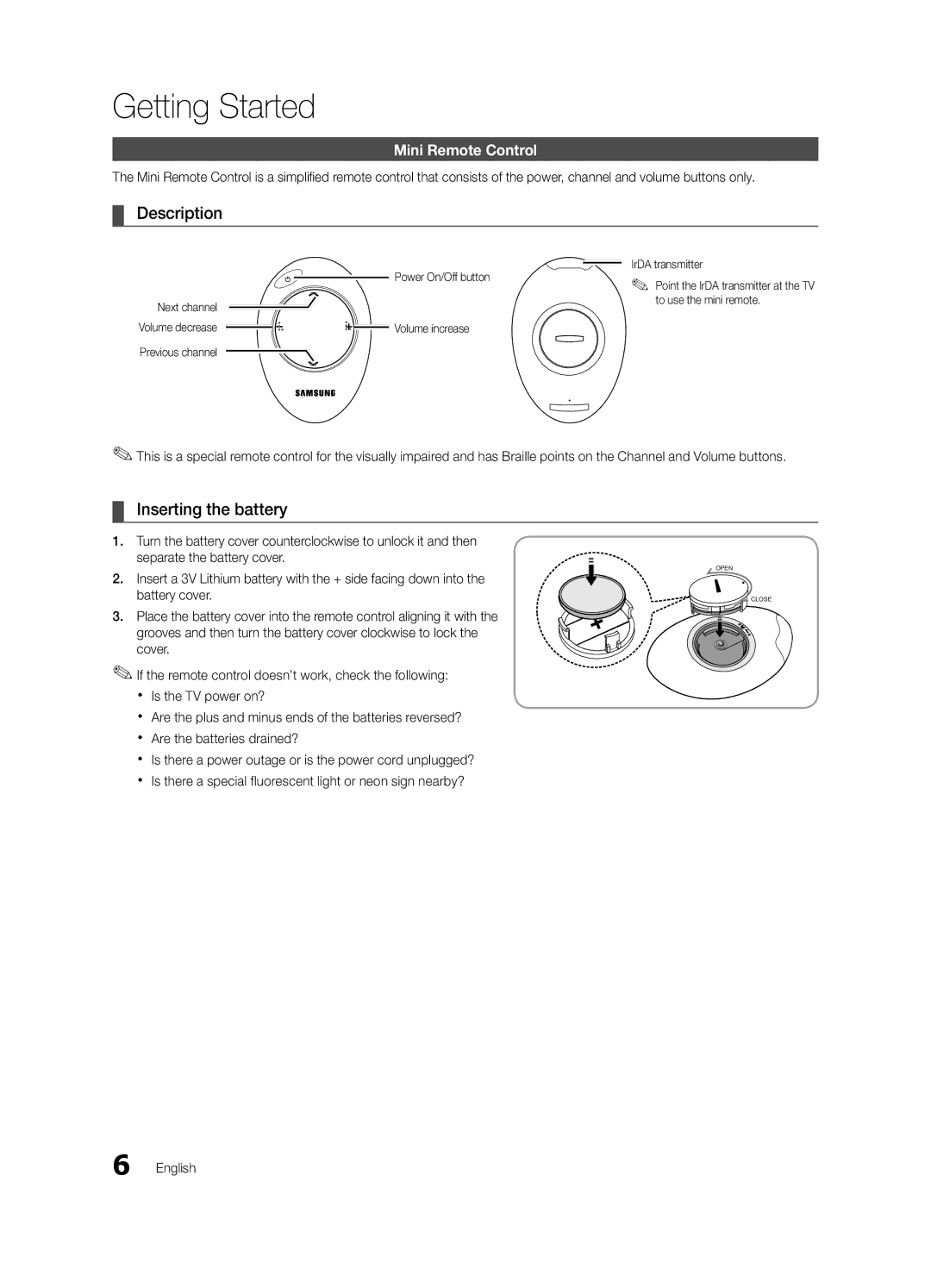 Samsung UE40C9000ZWXXH manual Description, Inserting the battery, Mini Remote Control 