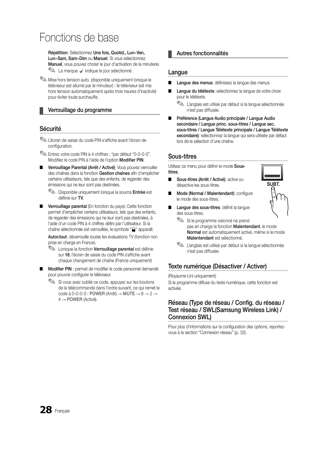 Samsung UE40C9000ZWXXH Sécurité, Langue, Sous-titres, Texte numérique Désactiver / Activer, Verrouillage du programme 