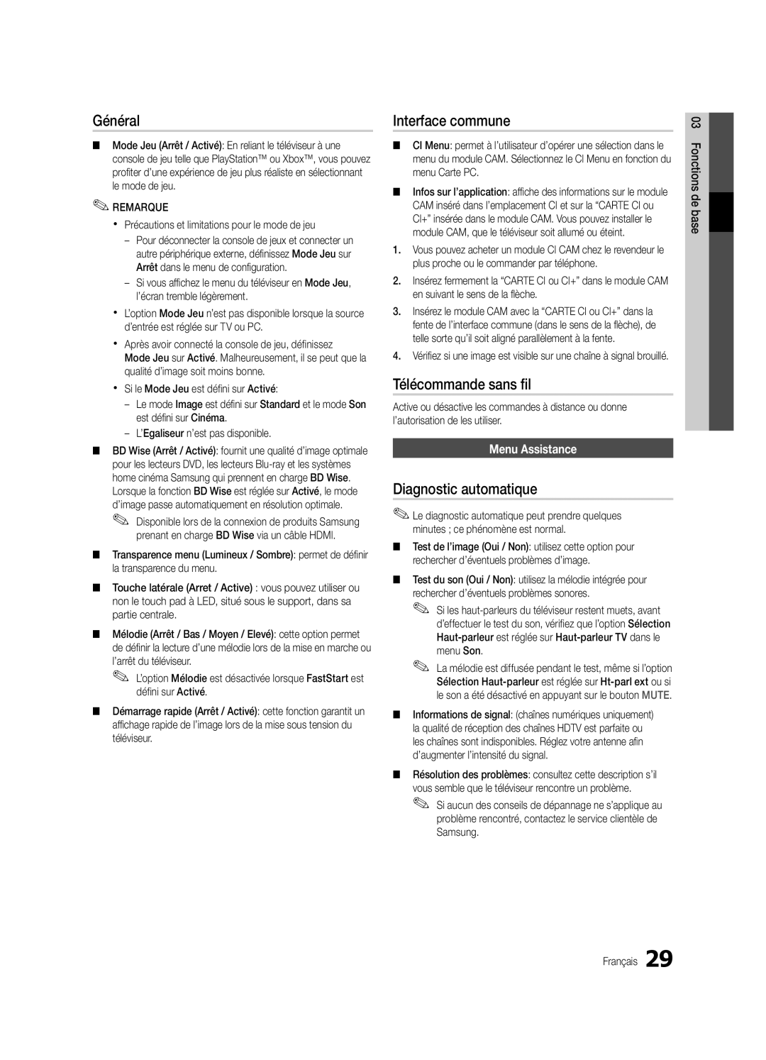 Samsung UE40C9000ZWXXH manual Général, Interface commune, Télécommande sans fil, Diagnostic automatique, Menu Assistance 