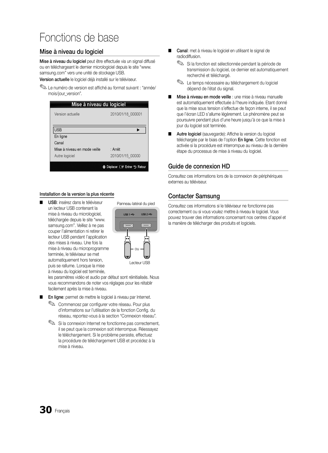 Samsung UE40C9000ZWXXH manual Mise à niveau du logiciel, Guide de connexion HD, Contacter Samsung 