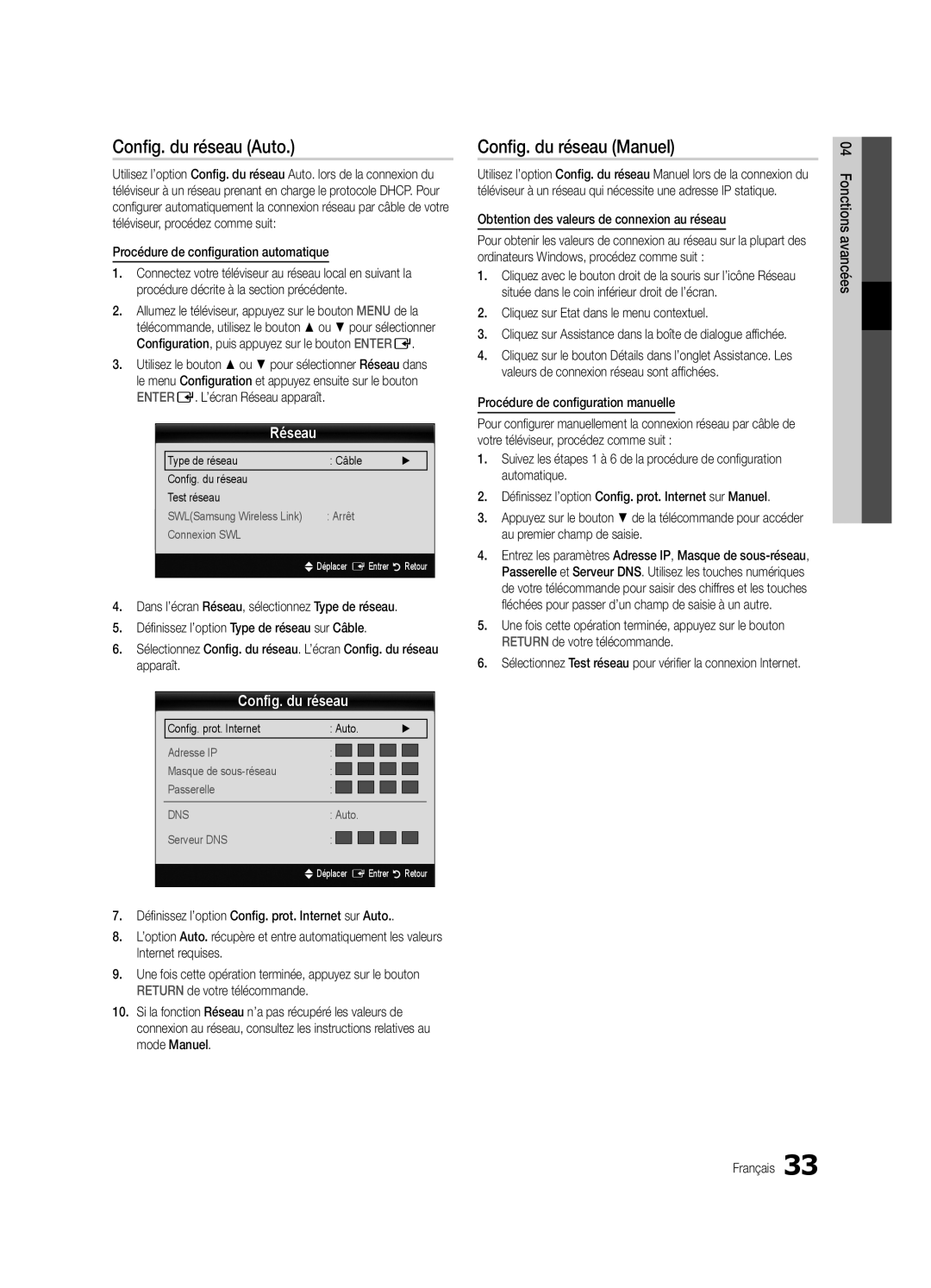 Samsung UE40C9000ZWXXH manual Config. du réseau Auto, Config. du réseau Manuel, Réseau 