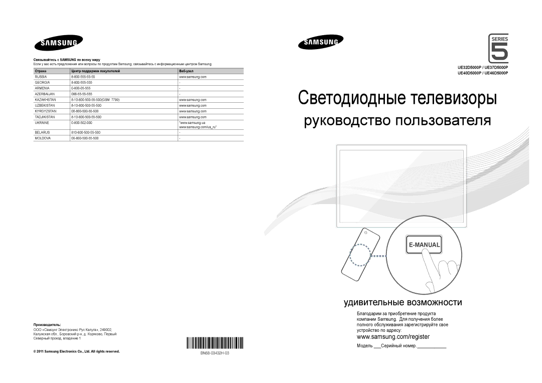 Samsung UE46D5000PWXRU manual UE32D5000P / UE37D5000P UE40D5000P / UE46D5000P, Связывайтесь с Samsung по всему миру 