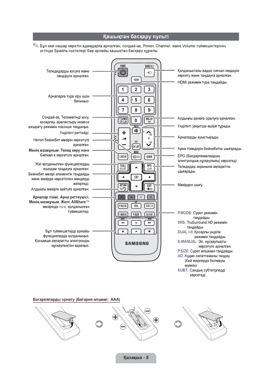 Samsung UE37D5000PWXRU, UE40D5000PWXRU, UE46D5000PWXRU manual Қашықтан басқару пульті, Батареяларды орнату Батарея өлшемі AAA 