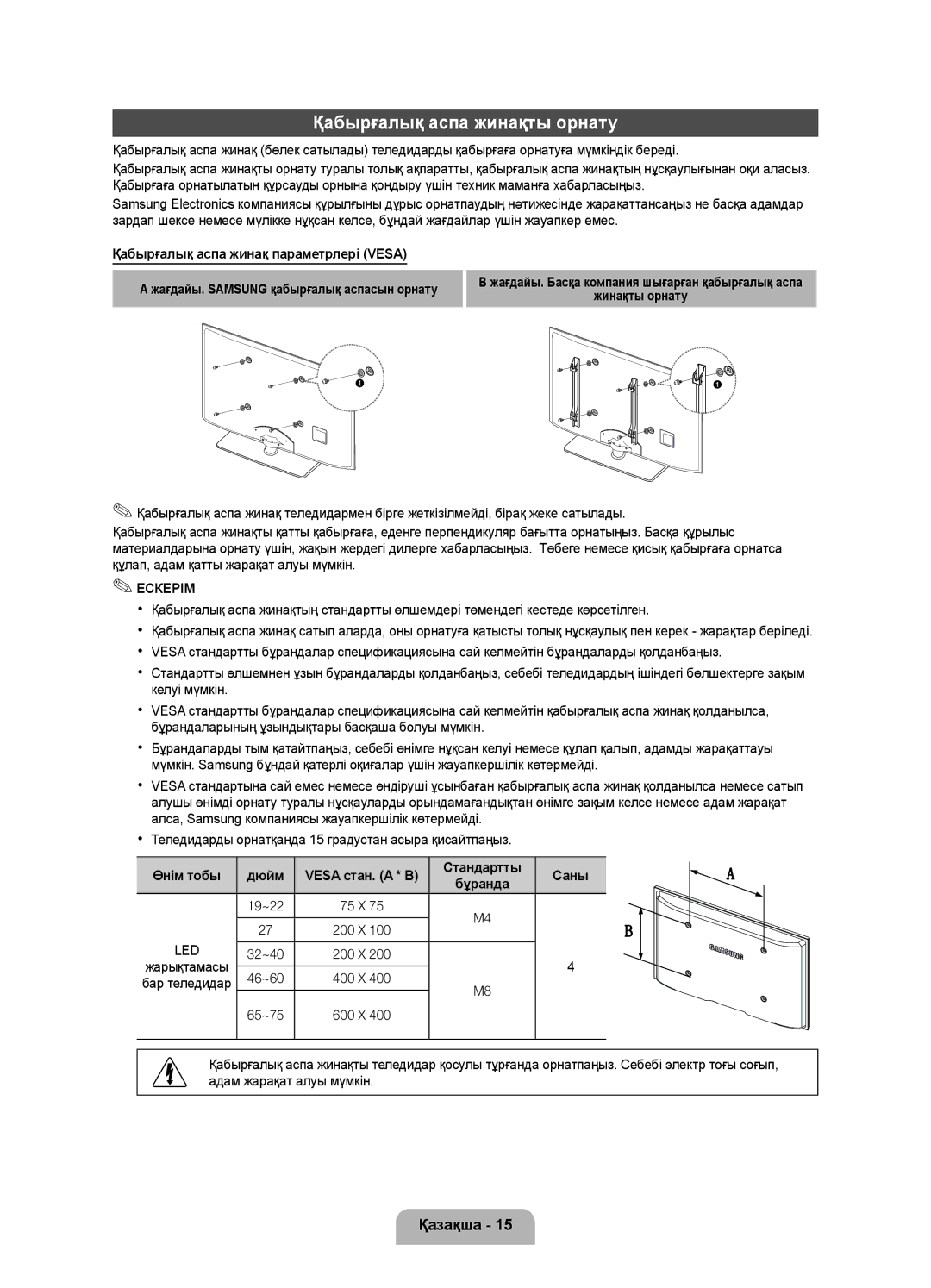 Samsung UE32D5000PWXRU, UE40D5000PWXRU manual Қабырғалық аспа жинақты орнату, Қабырғалық аспа жинақ параметрлері Vesa 