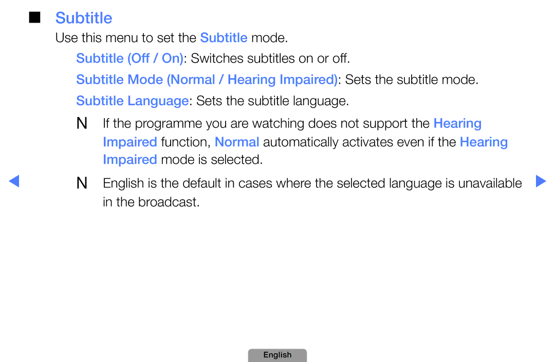 Samsung UE22D5000NWXBT Subtitle Off / On Switches subtitles on or off, Subtitle Language Sets the subtitle language 