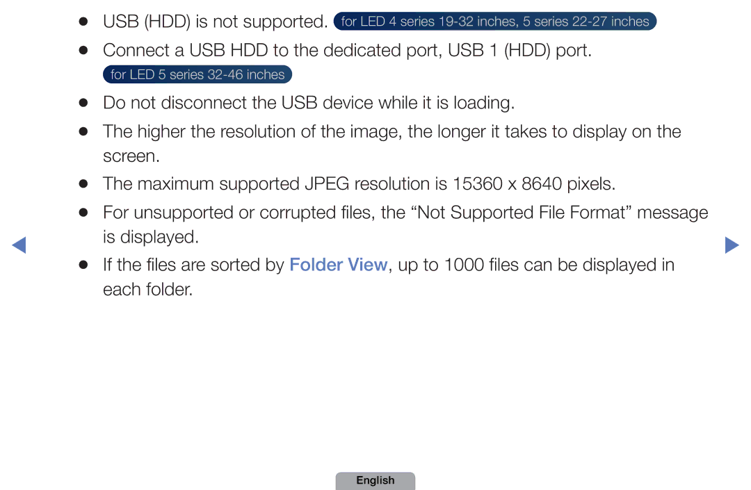 Samsung UE40D5005PWXXE, UE40D5000PWXTK USB HDD is not supported, Connect a USB HDD to the dedicated port, USB 1 HDD port 