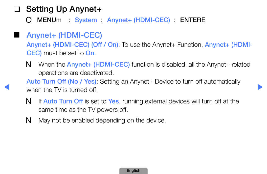 Samsung UE32D5000PWXRU manual Setting Up Anynet+, OOMENUm → System → Anynet+ HDMI-CEC → Entere, CEC must be set to On 