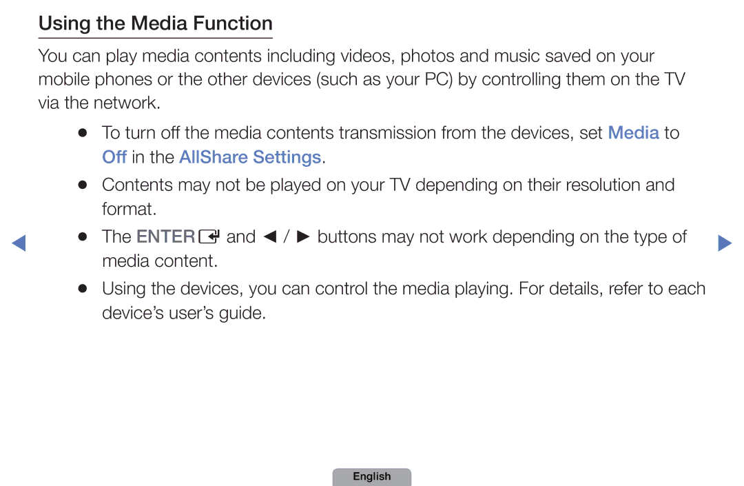 Samsung UE37D5000PWXXN, UE40D5000PWXTK, UE22D5000NWXXN, UE19D4000NWXXN Off in the AllShare Settings, Device’s user’s guide 