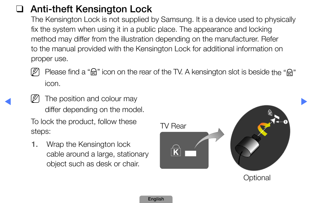 Samsung UE19D4000NWXZG, UE40D5000PWXTK, UE22D5000NWXXN, UE19D4000NWXXN, UE32D4010NWXZG manual Anti-theft Kensington Lock 