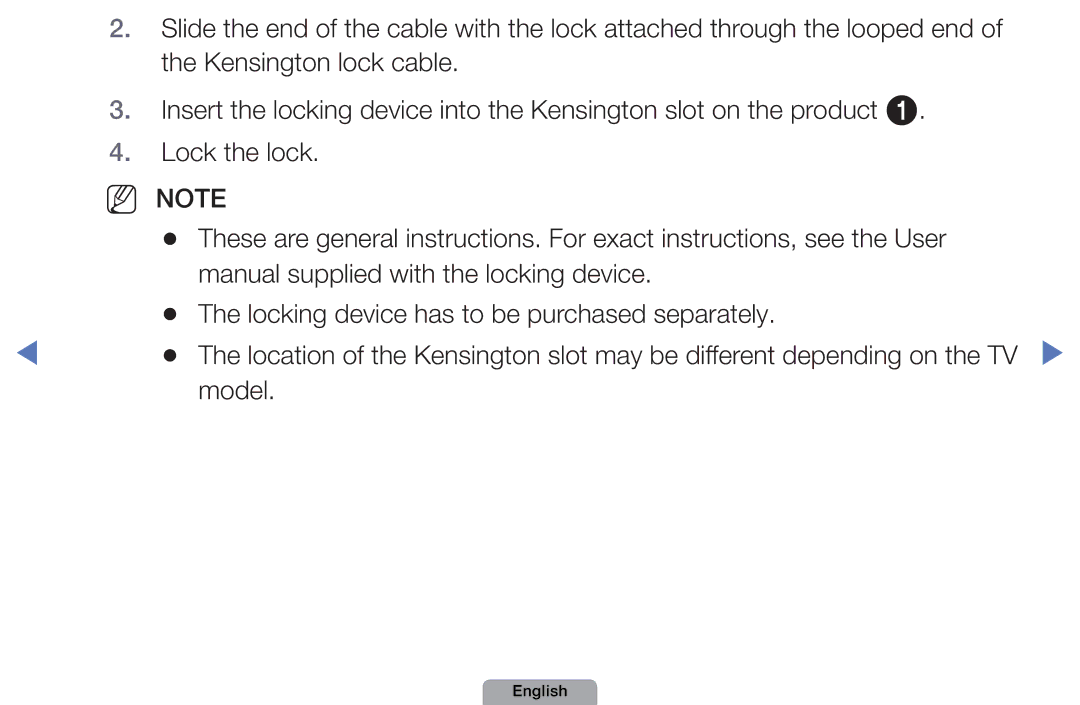 Samsung UE32D4000NWXTK manual Manual supplied with the locking device, Locking device has to be purchased separately, Model 