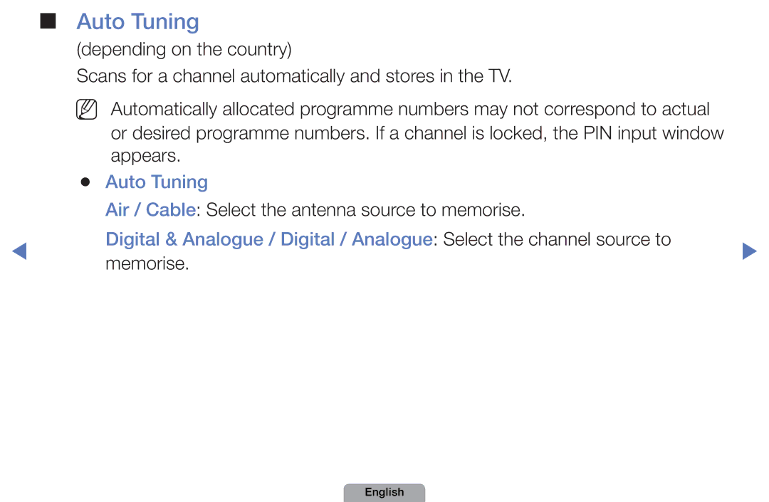 Samsung UE32D4010NWXXN, UE40D5000PWXTK Auto Tuning, Appears, Air / Cable Select the antenna source to memorise, Memorise 