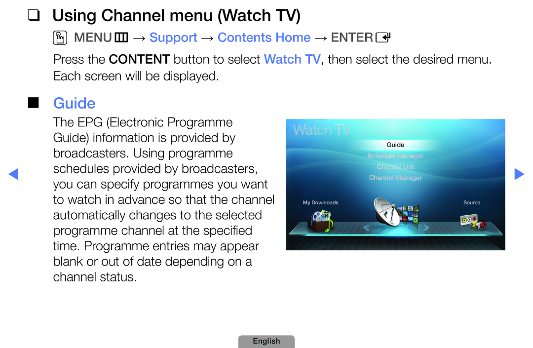 Samsung UE27D5010NWXZG, UE40D5000PWXTK manual Using Channel menu Watch TV, Guide, OOMENUm → Support → Contents Home → Entere 