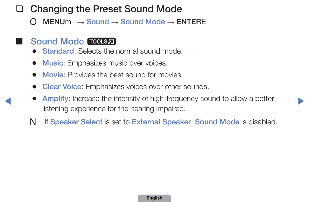 Samsung UE40D5000PWXXC, UE40D5000PWXTK Changing the Preset Sound Mode, Sound Mode t, OOMENUm → Sound → Sound Mode → Entere 