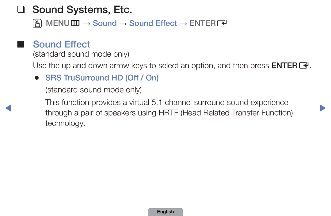 Samsung UE40D5800VWXZT manual Sound Systems, Etc, OOMENUm → Sound → Sound Effect → Entere, SRS TruSurround HD Off / On 