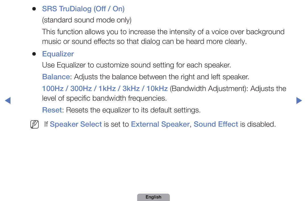 Samsung UE27D5000NWXZT, UE40D5000PWXTK, UE22D5000NWXXN manual SRS TruDialog Off / On, Standard sound mode only, Equalizer 