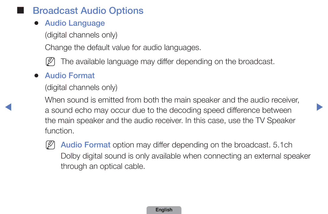 Samsung UE27D5010NWXZT, UE40D5000PWXTK, UE22D5000NWXXN, UE19D4000NWXXN Broadcast Audio Options, Audio Language, Audio Format 