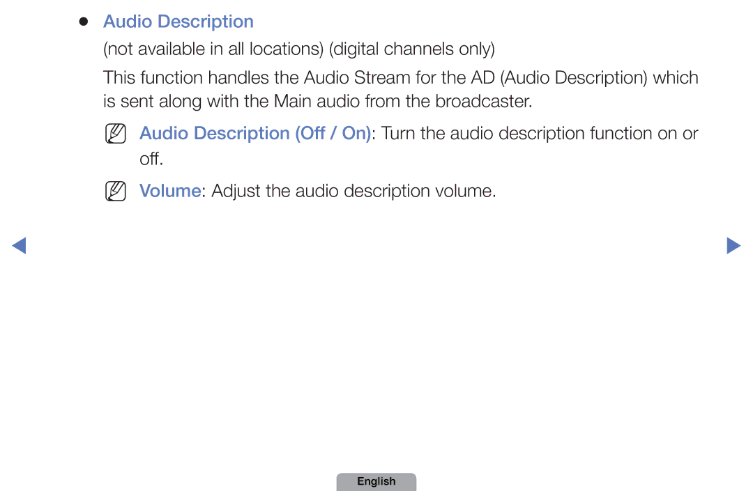 Samsung UE32D5800VWXZT, UE40D5000PWXTK, UE22D5000NWXXN, UE19D4000NWXXN, UE32D4010NWXZG, UE27D5010NWXZG manual Audio Description 
