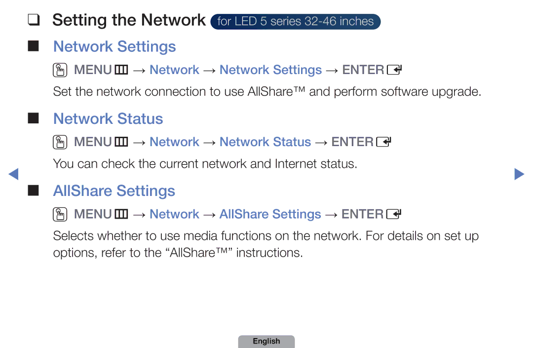 Samsung UE32D4000NWXZT, UE40D5000PWXTK manual Setting the Network, Network Settings, Network Status, AllShare Settings 