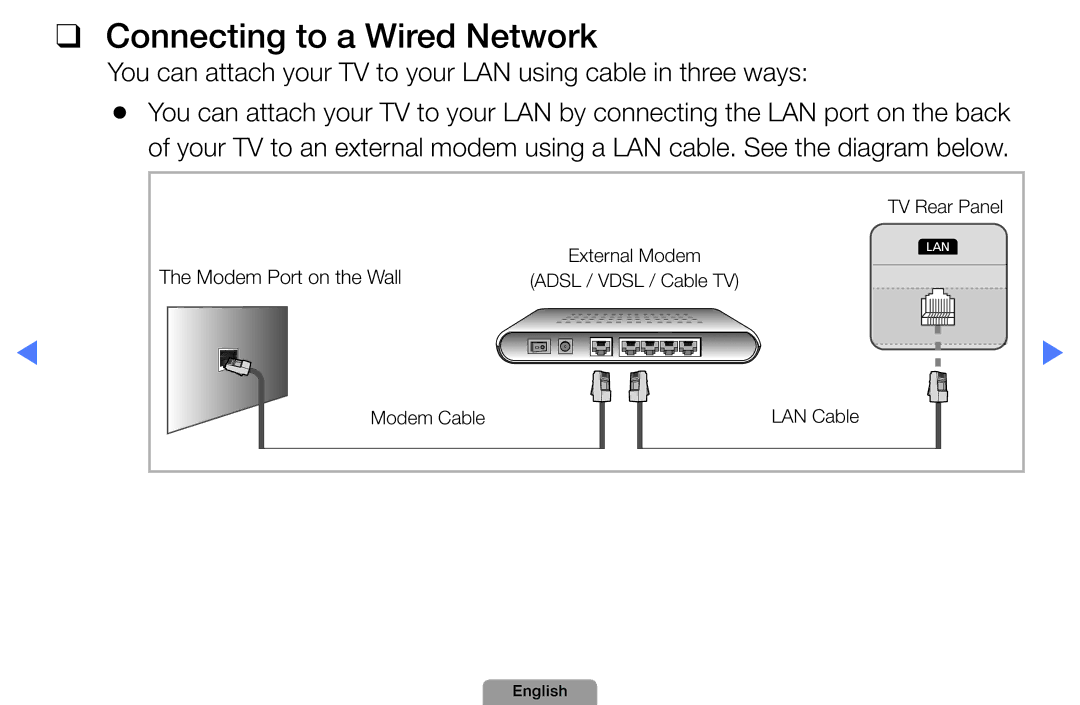 Samsung UE37D5000PWXZT manual Connecting to a Wired Network, You can attach your TV to your LAN using cable in three ways 