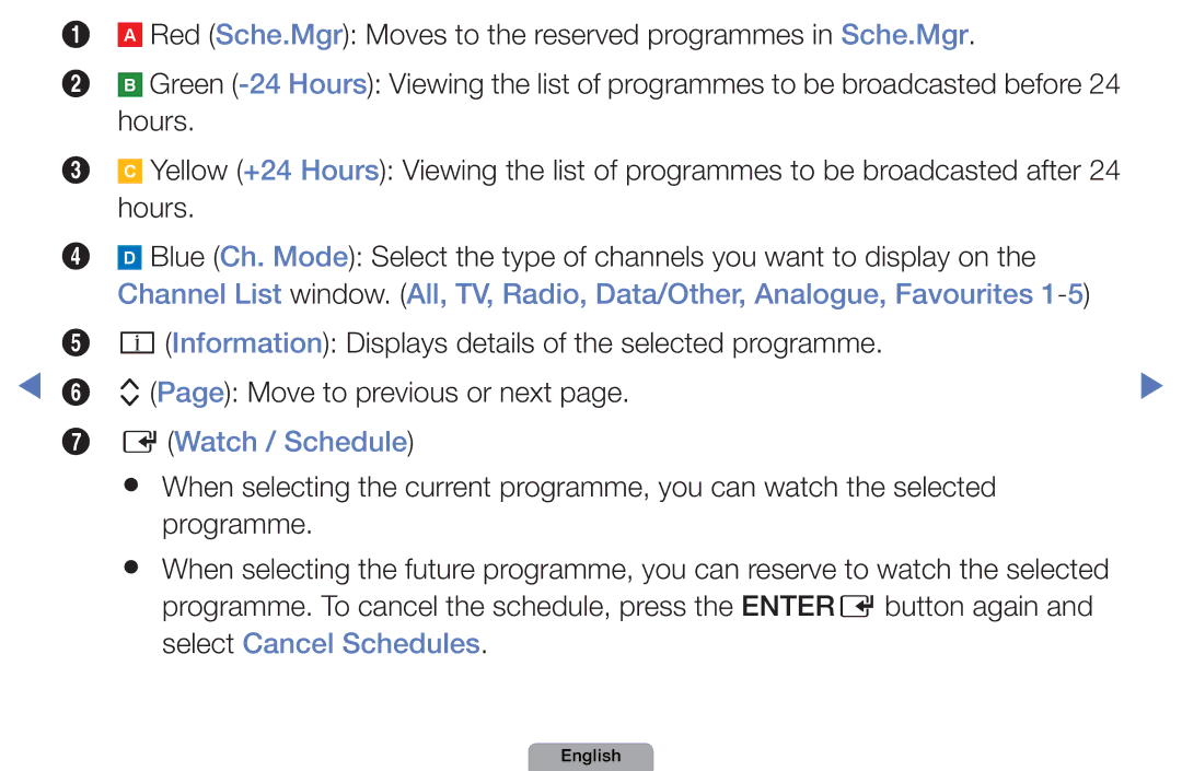 Samsung UE32D5000PWXZG, UE40D5000PWXTK Red Sche.Mgr Moves to the reserved programmes in Sche.Mgr, Hours, Watch / Schedule 